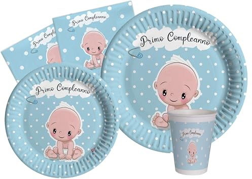 Kit Party Tavola Primo Compleanno per 8 persone (44 pezzi: 8 piatti Ø23cm, 8 piatti Ø18cm, 8 bicchieri 200ml, 20 tovaglioli 33x33cm) in carta compostabile eco-friendly, azzurro