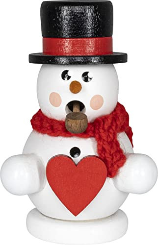 Räuchermann Schneemann weiß mit Herz original Erzgebirge I Räucherfigur aus Holz I Höhe 8 cm I Weihnachtsdeko I schöne Geschenkidee I Dekoration innen I Weihnachten I Räuchermännchen