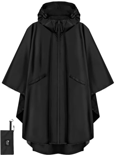 PTEROMY Hooded Rain Poncho for Adult with Pocket and Zipper, Waterproof Lightweight Raincoat for Men and Women (Black)