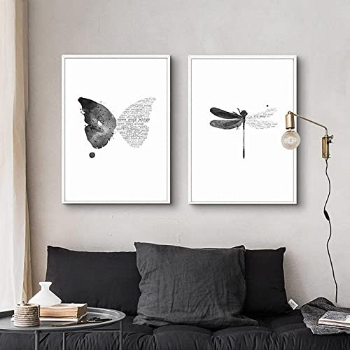 HMXQLW Schmetterling Libelle Wandbilder Minimalistisches Schwarz Weiß Bilder kunstdrucke Wohnzimmer Nordische Deko,Leinwandbilder Poster und Drucke Wandkunst Schlafzimmer Rahmenlos (2X20X30CM)