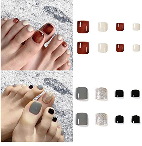 48 Pièces Faux Ongles Pieds Blanc Court Faux Ongles D'orteil,Faux Ongles Pieds Avec Colle Autocollants,Toe Nails Artificiels à Couverture Complète avec Paillettes Design pour Femmes et Filles