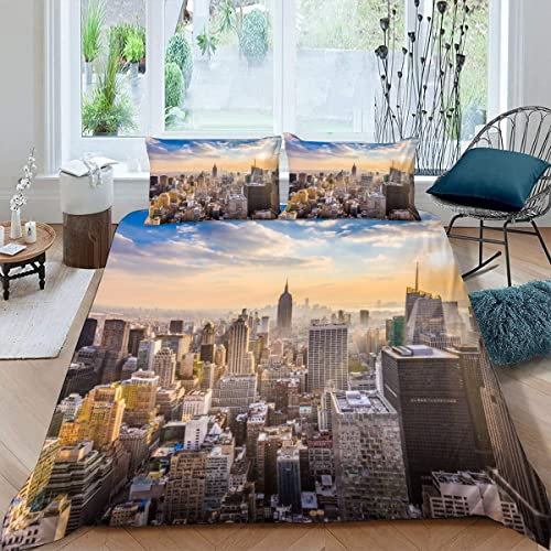 Skyline Von New York Bettwäsche 135×200 Weiche Mikrofaser 3d Druck Stadt-Landschaft Bettbezug mit Reißverschluss Für Kinder Zimmer Dekor Winter Herbst 3 Teilig Bettwäsche Set mit 2 Kissenbezüge 80×80