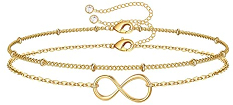 TINGN Zierliches Gold Infinity Armband für Damen, 14 Karat Gold Gefüllt, Verstellbar, für Mädchen Frauen Schmuck Geschenke (Infinity & Perlenkette)