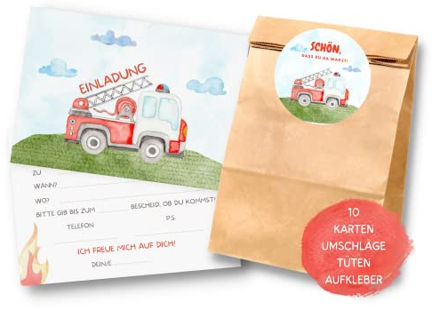 Essi's Stoff Boutique 10er-Set Feuerwehr Einladungskarten und Mitgebseltüten - Feuerwehr Kindergeburtstag Set mit Goodie Bag
