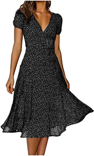 Women Dresses Clearance, Ladies Short Sleeve Maxi Dresses V Neck Floral Swing A-Line Midi Dresses Beach Boho Polka Dot Dress Casual Loose Evening Party Elegant Wedding Guest Dresses Black
