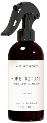 Muse Apothecary Home Ritual Active Odor Eliminator Spray - Furniture Deodorizer Spray & Bathroom Odor Eliminator for Home - Essential Oil Air Freshener - 4oz, Fresh Linen