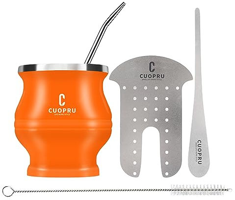 Cuopru Set di tazze e bombilla Yerba Mate – Il set Yerba Mate include una Modern Mate Cup,Yerba Mate Shaper set,Bombilla Mate (cannucce) e una spazzola per la pulizia (arancione)
