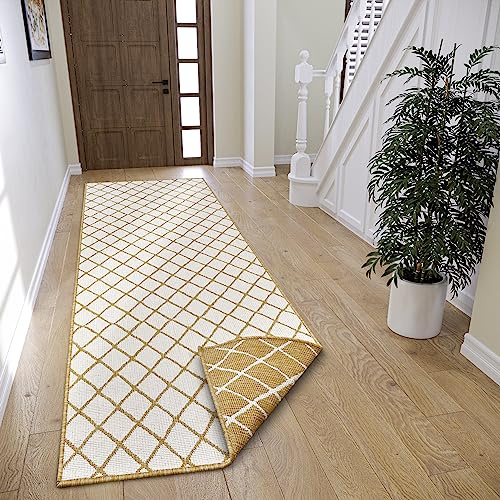 NORTHRUGS Malaga Indoor and Outdoor Reversible Rug - Flat Weave, Geometric Design, Oeko-Tex, Weatherproof and UV-Resistant for Balcony, Patio, Garden - Ochre, 80 x 350 cm