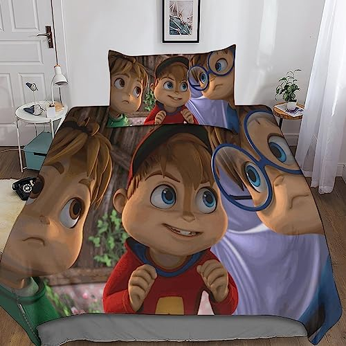 BARDYS Alvin and The Chipmunks Bettdeckenbezug, Bettwäsche,deckenbezug,Bettwäsche,Kissenbezüge,Spannbetttücher,Weiche Wendebettwäsche Deckenbezug Mit,Reißverschluss Und KissenbezugSingle(135x200cm)