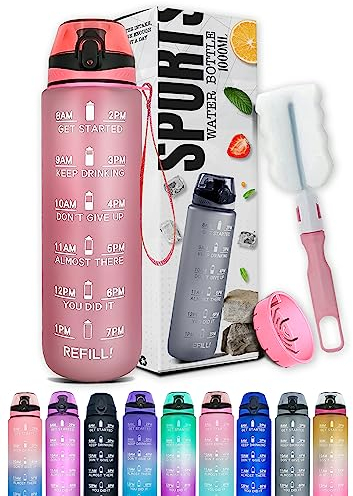 K-MART Water Bottle 1L, Sports Water Bottle with Time Markings, BPA-Free, Leak-Proof Drinks Bottle, Perfect for Running, Cycling, Gym, Yoga, Camping and Outdoor Activities, Pink