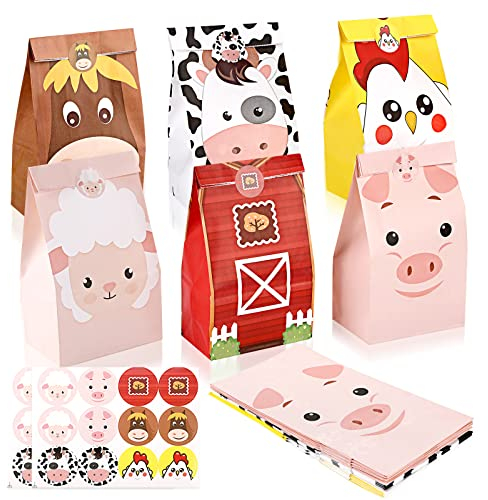 Animal Paperbags, 18 Stück Geschenk Papiertüte Kinder 6 Stile Bauernhof Tiere Papiertüten mit 3 Blätter Niedliche Aufkleber Geschenktüte Süßigkeitentüte für Kindergeburtstage, Bauernhof-Mottopartys