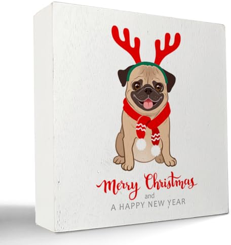 kunlisa Mops-Weihnachtsschilder, Mops-Weihnachtsdekoration, Weihnachtsschilder, Weihnachtsdekoration, Hundeschilder für Heimdekoration, Mops-Geschenke für Mops-Liebhaber, 12,7 x 12,7 cm