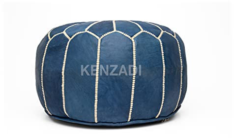 KENZADI Pouf aus echtem Leder, handgefertigt, genäht in Marrakesch von marokkanischen Kunsthandwerkern (Blue Jean)