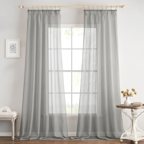 EMEMA 2er Set Sheer Voile Vorhang mit Kräuselband Transparente Gardine aus Voile Polyester Transparent Wohnzimmer Luftig Dekoschal für Schlafzimmer 140 X 215 cm (B x H) Grau