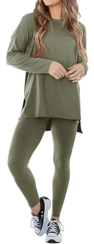 REORIA Damen Trainingsanzüge lockeres Oberteil und schmale Leggings Hausanzug aus Mikrofaser Jogginganzug Activewear Workout Set Sport Outfit Olivgrün L