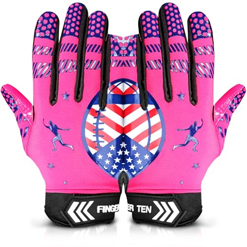 American Football Receiver Handschuhe für Youth Jungen Mädchen, Torwarthandschuhe rutschfest Impact Palm Protection Outdoor Sport, Wasserdicht Gloves Fit Kinder Alter 5-14 (Rosa, M)