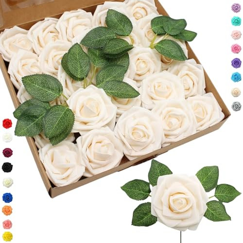 25pcs Faux Champagne Roses Artificial Flowers Roses,Real Touch Foam Roses Fake Flowers Artificial Roses Bulk with Stem for Wedding Decor,Bridal Shower Crafts Home Baby Shower Valentines Day Decoration