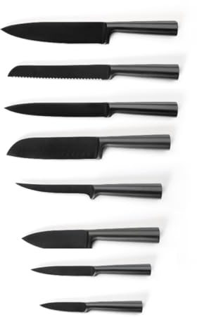 Qdesign - 8er-Set Messer aus Edelstahl - Koch-, Brot-, Aufschnitt-, Ausbein-, Santoku-Messer - für Obst & Gemüse, Office, kleines Küchenmesser - Mattschwarz