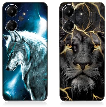 DiaryTown 2 Stück Silikon Hülle für Xiaomi Redmi 13C 4G Tier Muster Motiv Handyhülle Weich TPU Schwarz Case Kratzfest Stoßfeste Schutzhülle Gummi Cover für Redmi 13C 5G / Poco C65 - Wolf & Löwe