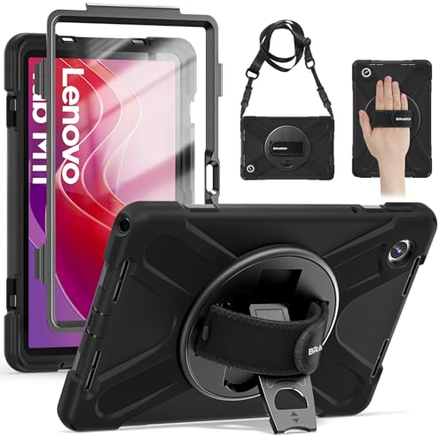 BRAECN Case for Lenovo Tab M11 2024 11 Inch (TB330FU/TB330XU/TB331FC) Tab K11, Heavy Duty Shockproof Sturdy Cover with Screen Protector, 360° Rotating Hand Strap & Kickstand, Shoulder Strap, Black