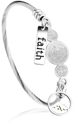 Tobestu Platinum Plated Stainless Steel Faith Round Mountain Mustard Seed Bracelets for Church Activities - Twisted Rope Saint Benedict Medal Bangle Bracelet for Mom Daughters Y4231