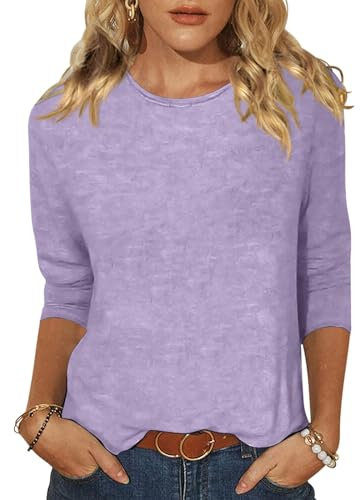 Minetom T-Shirt Damen 3/4 Arm Shirt Rundhals Tshirt Sommer Leichte Pullover Oberteil Einfarbig Basic Tee Tops A Lila XL