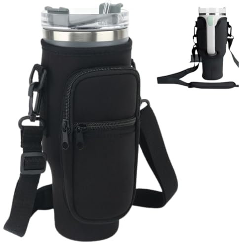 Stanley Cup Bag, Cup Accessories Holder with Adjustable Strap & Phone Pocket for Bottles, 40oz Tumbler for Walking and Hiking (Black Bag + Straw Stopper)