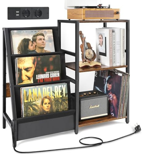 Bikoney Plattenspieler Ständer mit Steckdose, 3-stufiger Vinyl Lagerung Schallplatten Aufbewahrung bis zu 200 Alben, Beistelltisch Vinyl Plattenspieler Stand,Beistelltisch Holz für Wohnzimmer