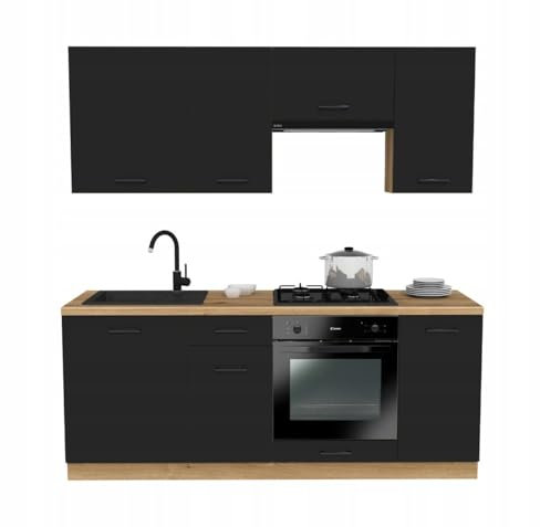 Laclar Küchenzeile 200 cm - Modulare Möbel für die Küche - inklusive Montagezubehör - mit Soft-Close-System - ohne Spülbecken Geräte - Capri Schwarz - Küchenarbeitsplatte Evoke Oak
