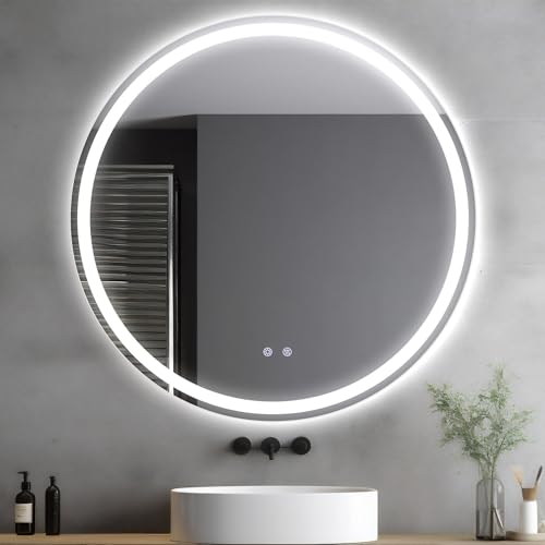 Clevich Runder Badspiegel mit Beleuchtung,Spiegel rund mit Beleuchtung, Badezimmer-Wandspiegel, 3 Lichtfarben dimmbar, Badspiegelmit Touchschalter und Entfoggen,3000K-6500K (60 cm)