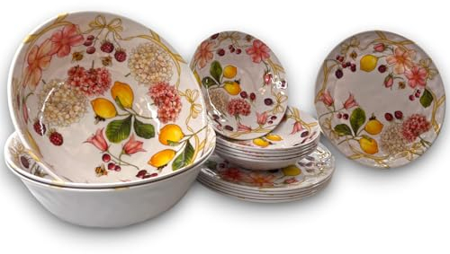 Set di Stoviglie in Melamina - 15 Pezzi, Motivo Floreale e Fruttato - 6 Piatti Piani, 6 Piatti Fondi, 3 Insalatiere - Leggero, Durevole, Lavabile in Lavastoviglie, BPA Free