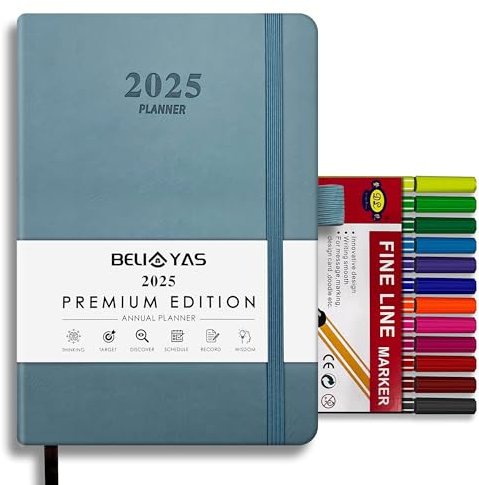 BELIAYAS Terminkalender 2025 A5, Terminplaner Softcover mit PU-Leder, 12-Monate-Kalender (Jan.2025-Dez.2025) mit 12 Farben Fineliner-Stift(0.4mm), 1 Tag 1 Seite, 201 Seiten, Haze Blau