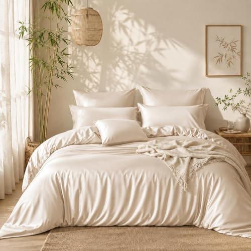 Lanqinglv Beige Bettwäsche 135x200 cm 100% Bambus Lyocell,Kühlende Satin | ÖKO-TEX,für Allergiker Mako Satin Sommer Bettwäsche,Luxus Glatt Bettbezug mit Reißverschluss und 1 Kissenbezug 80x80