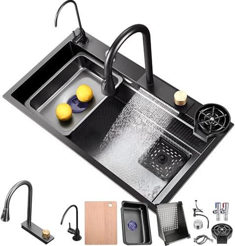 DSMRLEOP 80x50cm Fregadero de cascada de acero inoxidable negro, 1 cuenco, fregadero de cocina multifuncional con grifo de alta presión, juego completo de accesorios y opciones de instalación versátil