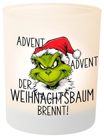 Weihnachts-Geschenk: Grinch Teelichthalter Advent! Advent! Der Weihnachtsbaum brennt! – Teelichtglas Windlicht Weihnachtsdeko - Geschenk Weihnachten für Freunde Kollegen Familie