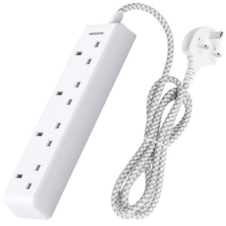 4 Gang Extension Lead 2M, HANYCONY Multi Plug Extension Socket with Braided Cable, 13A 3250W UK Power Strip, Durable Electric Extension Cord for Office, Bedroom, Kitchen Accessories, White