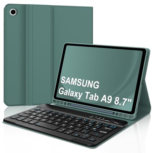 Coque Clavier pour Samsung Galaxy Tab A9 8.7 Pouces, AZERTY Français Housse Clavier Bluetooth Magnétique Détachable avec Porte Crayon pour Tablette Samsung Galaxy Tab A9 8.7 2023, Vert foncé