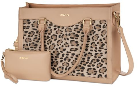 MOSISO Laptop Tote Bag with Large Capacity, 15.6 inch PU Leather Leopard Grain Laptop Bag for Women & Clutch Purse, Waterproof Computer Bags Work Briefcase for Business Office, Apricot