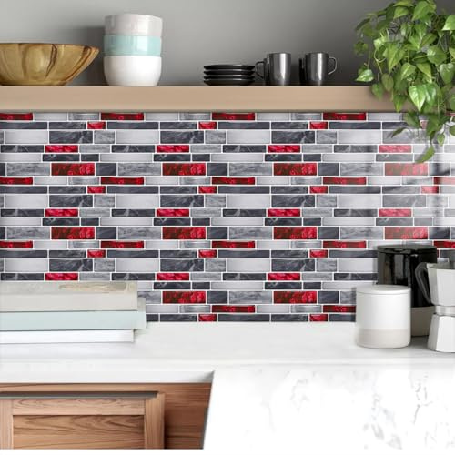 Stickers Muraux Cuisine Marbre Rouge Gris Dalle PVC Adhesive Murale Credence Adhesive pour Cuisine Plaque PVC Murale Panneau Mural Salle de Bain Carrelage Autocollant Papier Peint 12x24cm/30 Pcs
