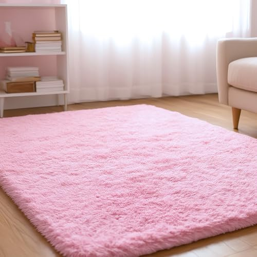 XSIVOD Plush Fluffy Non-slip Shaggy Rugs Living Room, 80x160cm, Light Pink | Non-slip soft area rug, plush bedroom carpet. Ideal for dorm, teen room, playroom, study, office, Modern indoor furry decor.