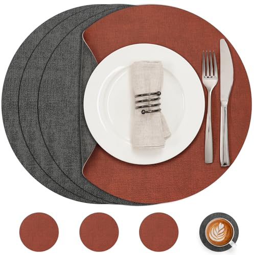 Myir JUN Tischsets abwaschbar Leder und Untersetzer doppelseitig Platzset | Platzset Rund Ø 36cm 4er Set rutschfest Glasuntersetzer Platzdeckchen Kunstleder Tischset (Grau Terrakotta, 4er Set)