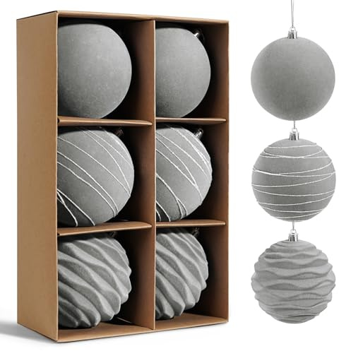 Miaikoe 6pcs Samt Weihnachts Ornamente Kugeln Sets für Weihnachten, Kunststoff zerstörungsdicht Weihnachtsbaum Flocked 10 cm Ornamente Kugeln für Winter Urlaub Dekor (grau)