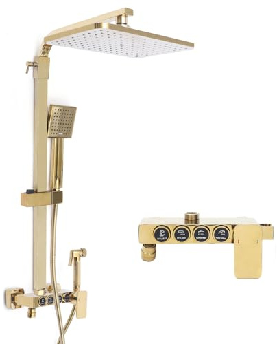 Duschset mit Armaturen, Duscharmatur Komplettset mit Quadratische Regendusche,Handbrause und Booster-Spritzpistole,4 Strahlarten,Höhenverstellbare,Gold