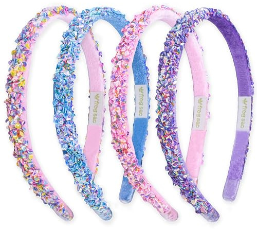 FROG SAC 4 Thin Headbands for Girls - Sequin Headband Set for Kids, Sprinkle Hair Bands for Children, Cute Sparkly Glitter Girl Non Slip Headband, Toddler Hair Accessories (Multicolor Sequin, Kids)