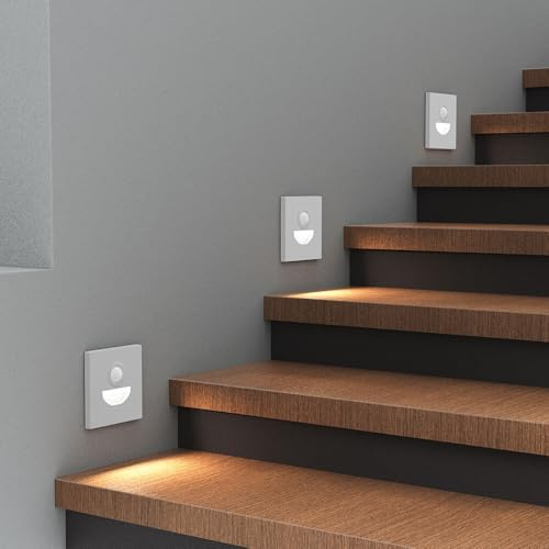Braytron 1,5W LED Treppenlicht mit Bewegungsmelder – 3CCT Stufenbeleuchtung, 90lm, IP20, einstellbare Farbtemperatur 3000K/4000K/6500K, rechteckig schwarz oder weiß, 230V Innenbeleuchtung (Weiß)