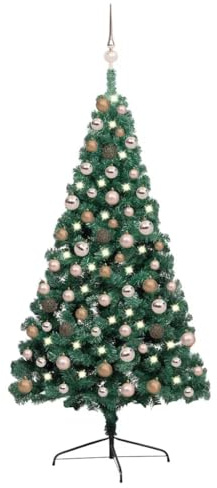 Árbol de Navidad artificial verde de 150 cm con 150 luces LED, 340 puntas, bolas de oro rosa, ahorro de espacio para montaje en pared, decoración festiva