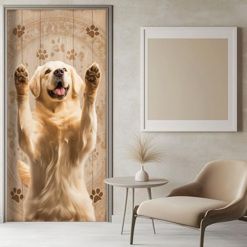 Türtapete Selbstklebend Türposter Tier Hund Holzmaserung, 3D Hellbraun Türaufkleber Wasserfest Türfolie Selbstklebend Fototapete 80x200 cm, für Schlafzimmer Gang Tür Deko