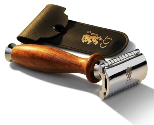 Double Edge Safety Razor for Men - Missanda Wood Handle, Stainless Steel | Beginner Friendly Wet Shaving Razor with Travel Pouch, Eco Friendly Reusable Single Blade, Balanced Grip, Blades Not Included