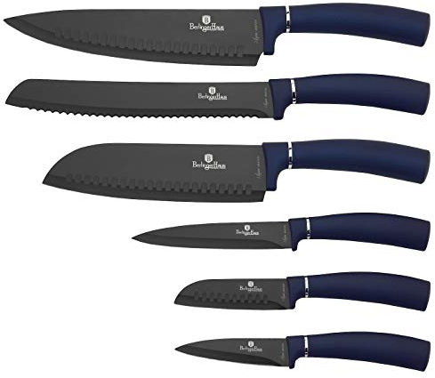 Berlinger Haus, BH-2514, Aquamarine Juego 6 Cuchillos Cocina Profesional, Hoja Acero Inoxidable Recubrimiento Antiadherente, Cocinero, Cebollero, Pan, Santoku, Diseño Metallic Line