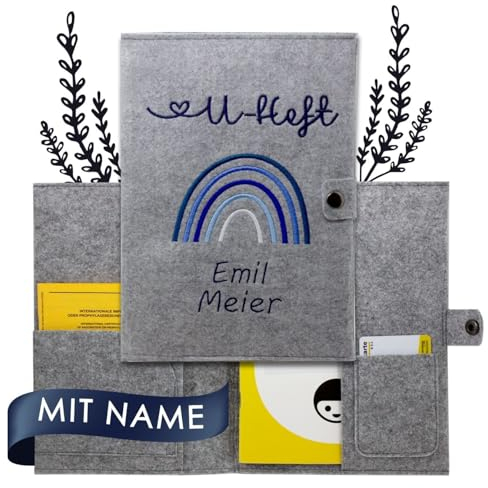 Cozy Racoon U-Heft- und Impfpasshülle aus Filz mit Personalisierung/Name | 3- teiliges Set | Hochwertige Hülle für Untersuchungsheft, Impfpass und Versichertenkarte Deines Kindes | Regenbogen Blau